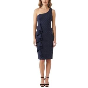 Betsy & Adam Beaded One Shoulder Midi Sheath Ruffled Cocktail Dress Blue Size 8